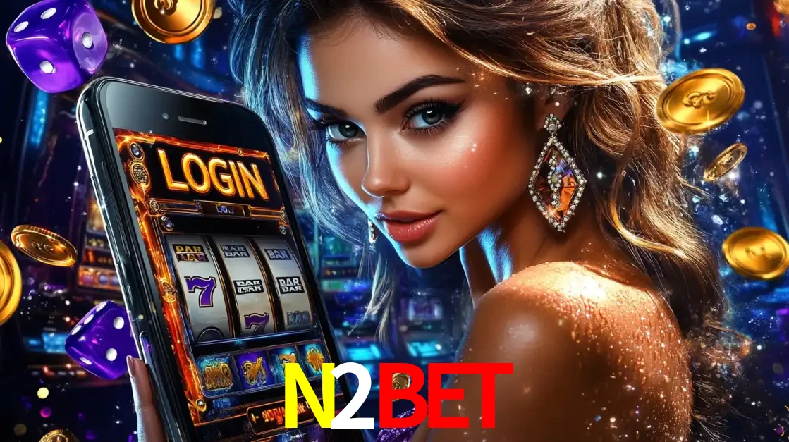 Mulher glamorosa segurando um smartphone com a tela de login para os jogos de caça-níqueis do cassino online N2BET, com moedas de ouro e dados ao redor.