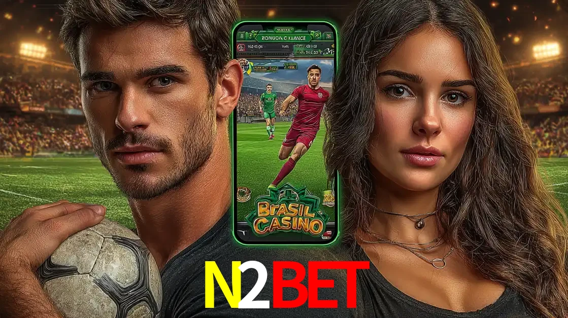 Homem segurando uma bola de futebol e uma mulher ao lado de um smartphone exibindo o jogo de apostas esportivas da N2BET. Faça seu palpite no cassino online.